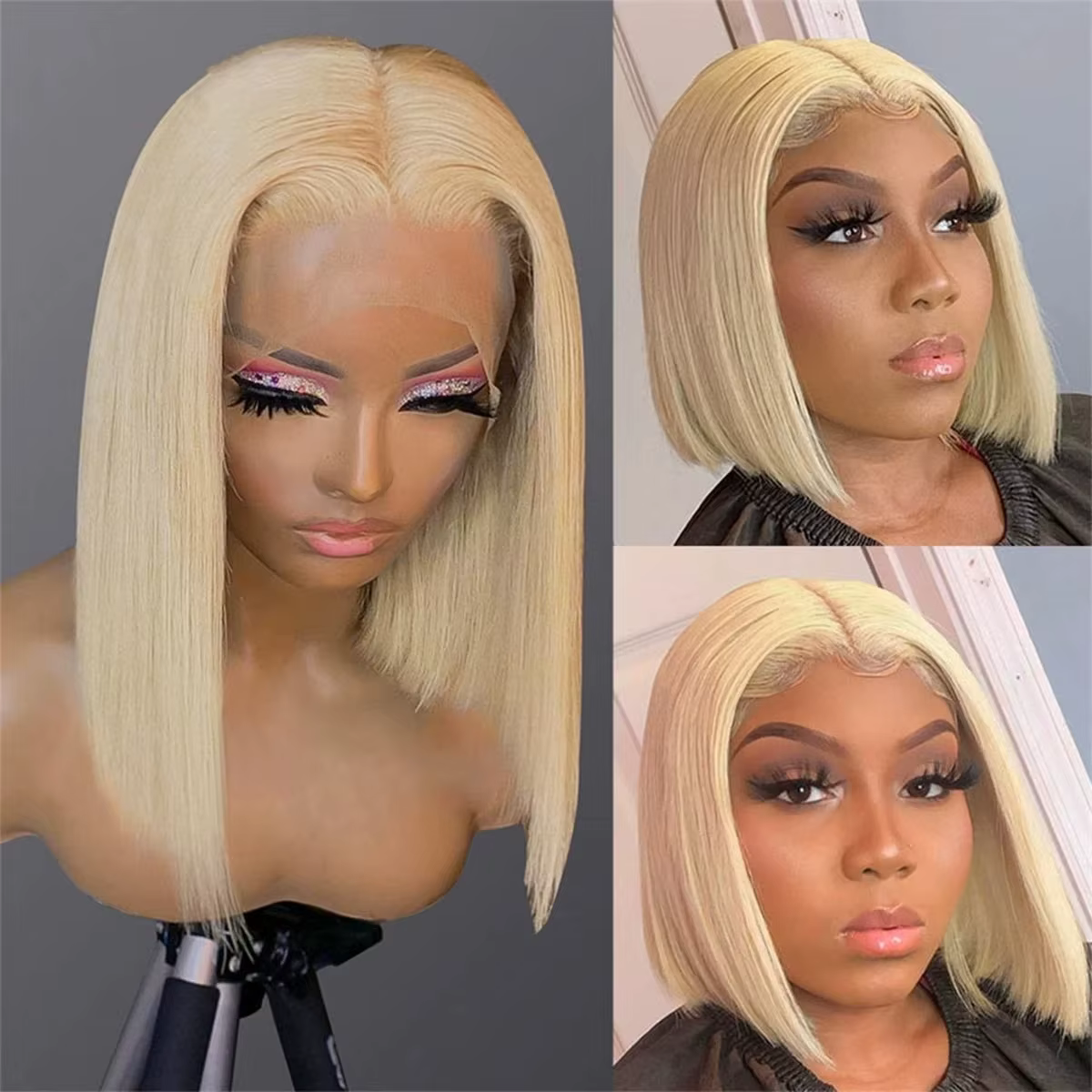 Perruques Courtes Bob Blond Miel 613 avec Dentelle Frontale 13x6, 100% Cheveux Humains, Fermeture Dr
