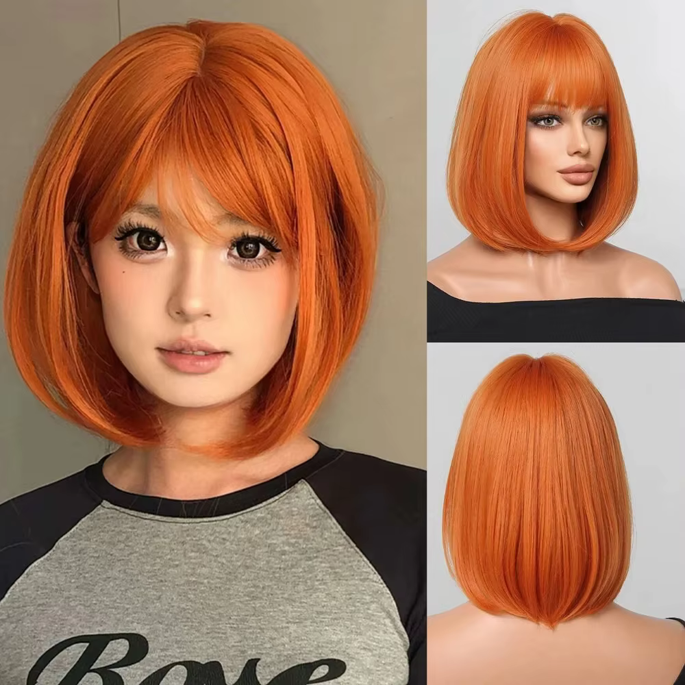 Perruque synthétique de coiffure bob Orange, perruque de cosplay pour fête d'halloween, accessoire q