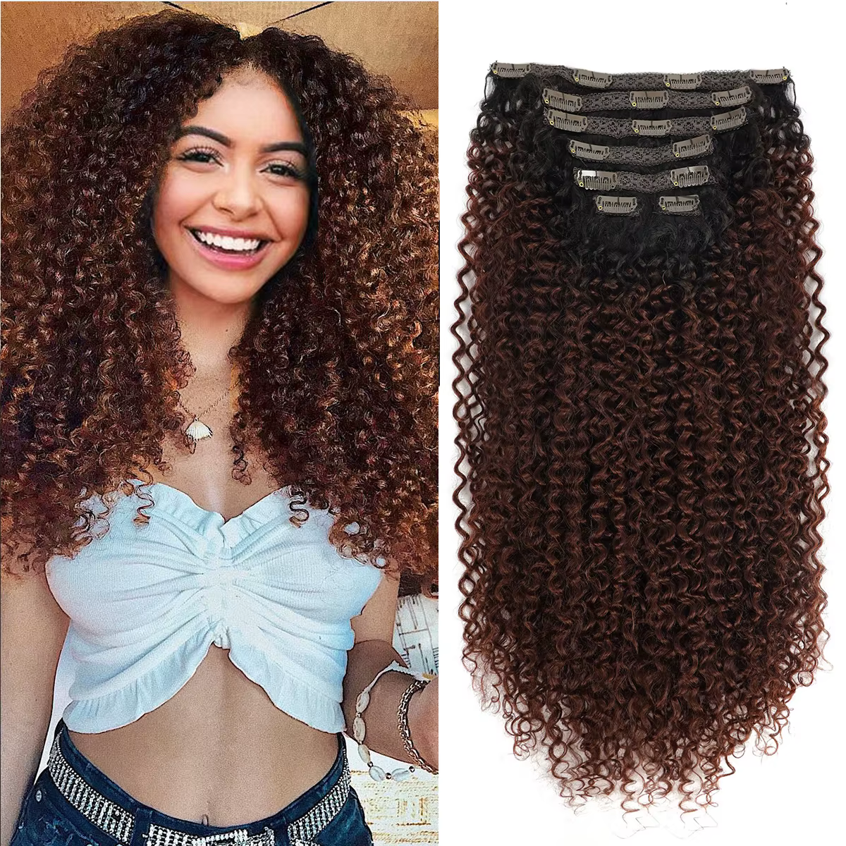Extension Capillaire Synthétique à Clips pour Femme, 26 Pouces, Tête Complète de Cabello, Afro, Crép