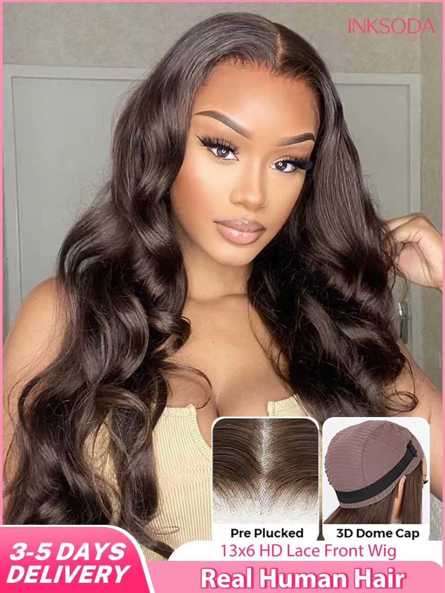 Perruque Lace Frontal Wig Body Wave brésilienne naturelle, cheveux vierges, brun chocolat, 13x4, 13x