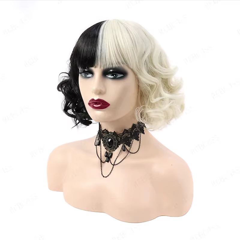 HAIRChain Y-Perruque Synthétique Courbure Noire et Blanche pour Femme, Perruque de Cosplay Courbure 