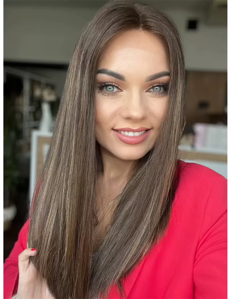 Perruque synthétique lisse et douce à reflets bruns ombrés, sans colle, Balayage en Fiber résistante