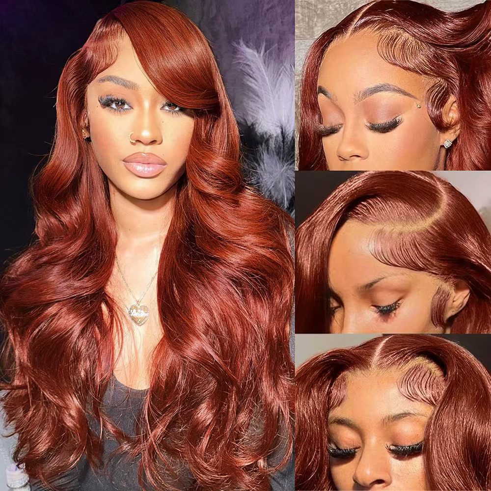 Perruque Lace Frontale 13x6 en Cheveux Humains Ondulés Rougeâtre Brun, Pré-épilée, Colorée, avec Den
