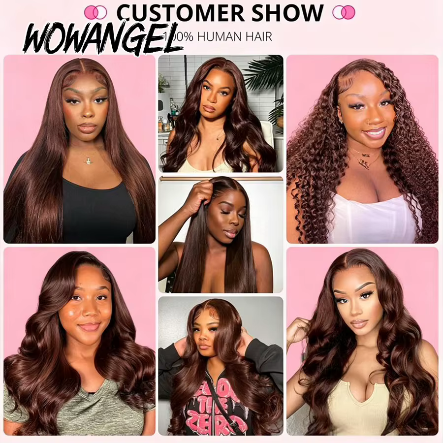 WOWANGEL Perruques en cheveux humains lisses brun chocolat, Lace Frontale Complète HD 13x6, Pré-épil