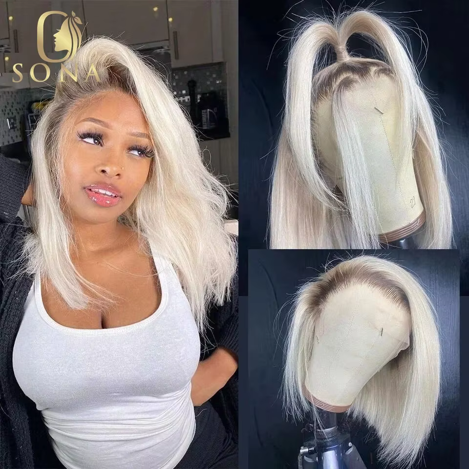Perruque Bob Lace Front Wig naturelle brésilienne Remy, cheveux lisses, pre-plucked, racines foncées