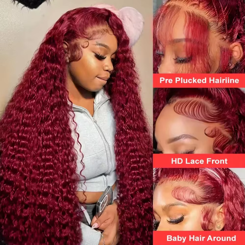 Perruques Lace Front HD 13x6 en Cheveux Humains, Ondulation Profonde Bourgogne 99J, Dentelle Transpa