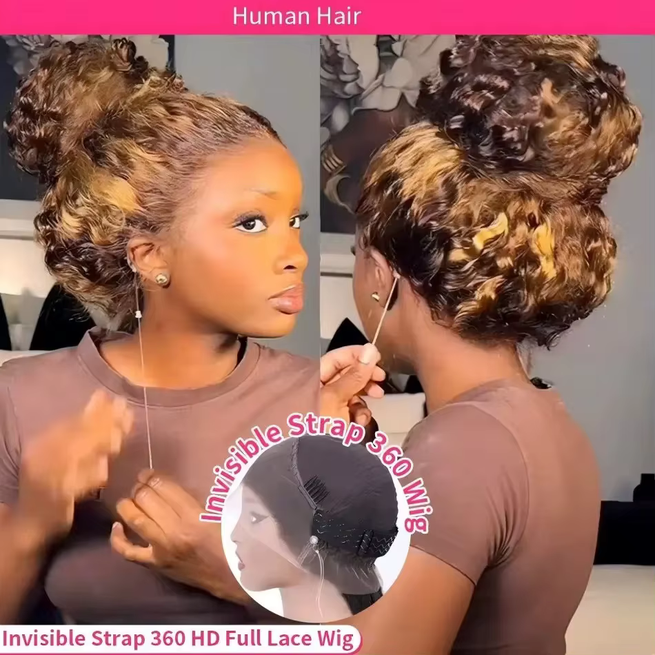 Perruque Lace Frontal Wig sans colle bouclée 360, cheveux naturels, cordon Invisible, 13x6 Hd, P4/27