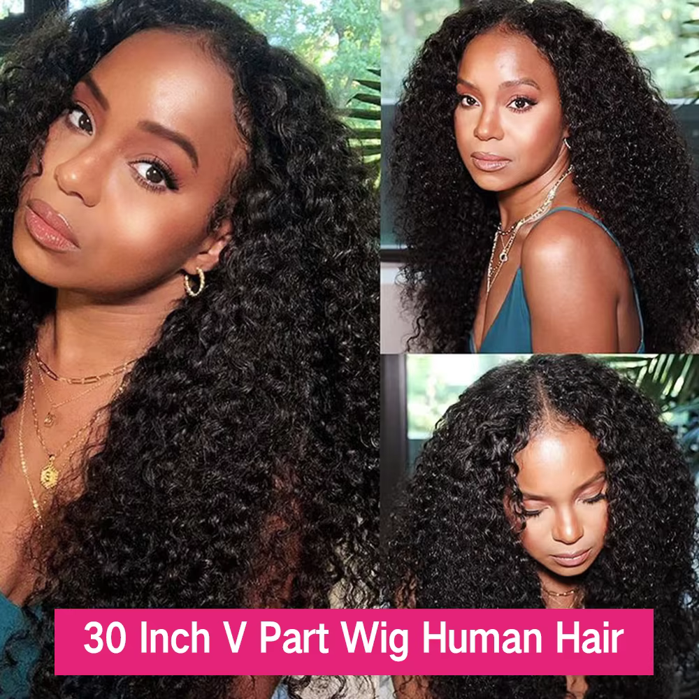 Perruque Brésilienne Bouclée en V pour Femme, Cheveux Humains Remy, Deep Wave, 250% Sans Colle, 30 3