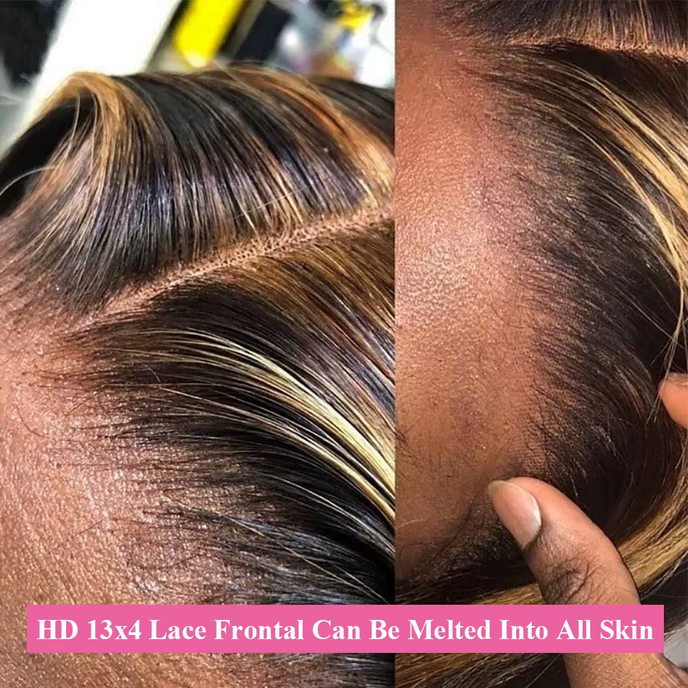 Mèches naturelles Body Wave à reflets, avec Lace Frontal 13x4, blond miel, Extensions de cheveux ave