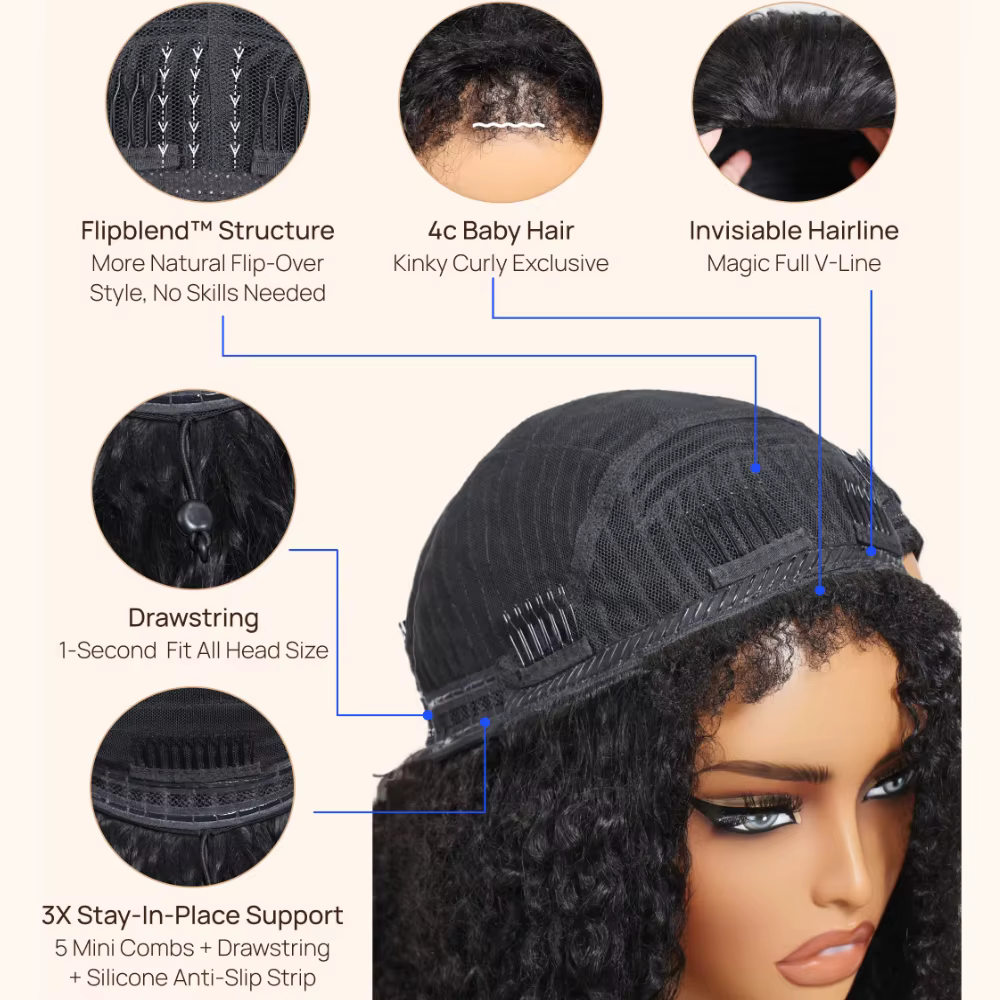 Perruque mi-tête UNICE à cordon de serrage, bouclée et crépue, avec bords 4C, ligne de cheveux natur