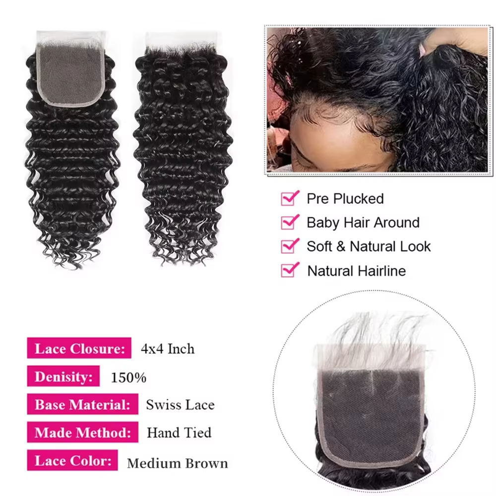 Extensions de cheveux humains avec fermeture, vague profonde birmane, cheveux vierges, 3 à 4 extensi