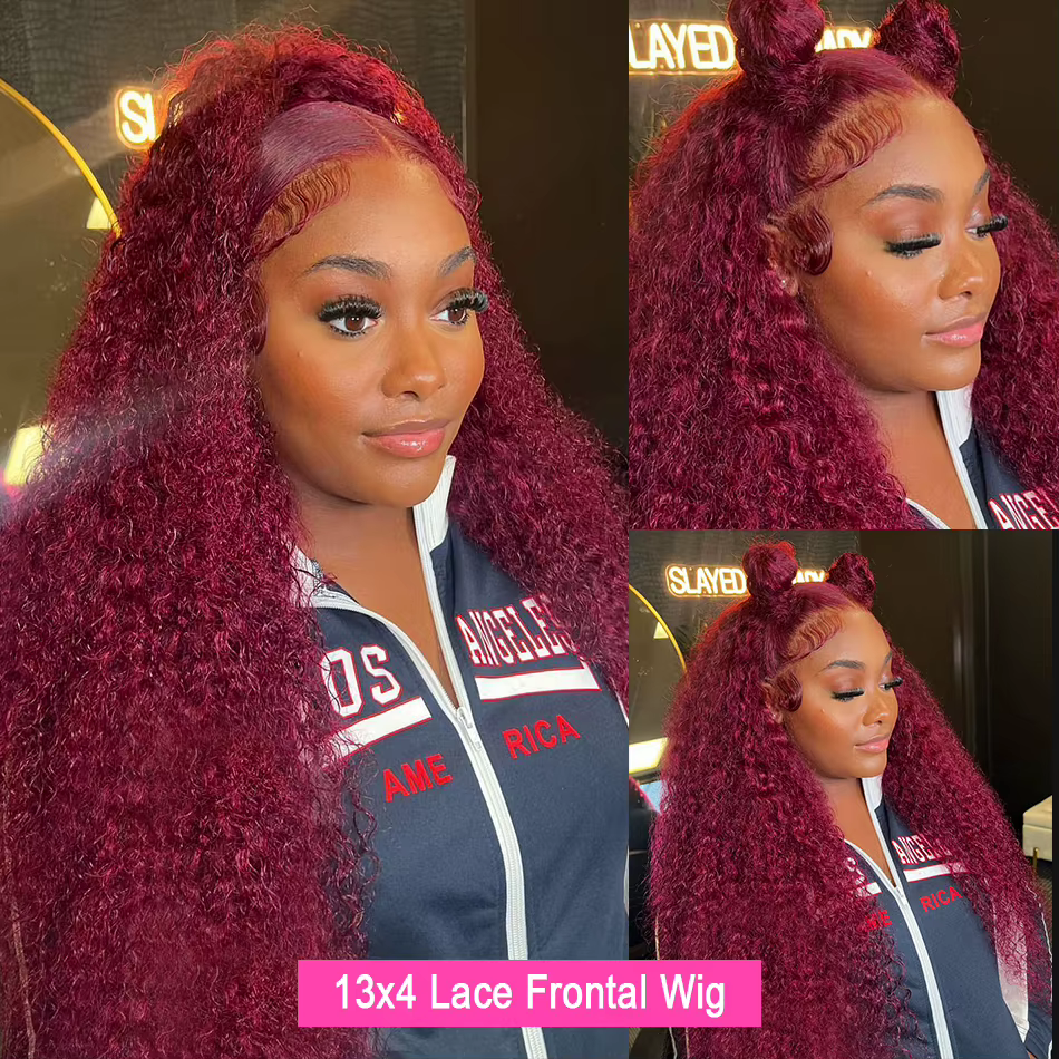 Perruque de cheveux humains bouclés 200 densité 99j Bourgogne 13x6 HD Lace Frontal, couleur Vin Roug