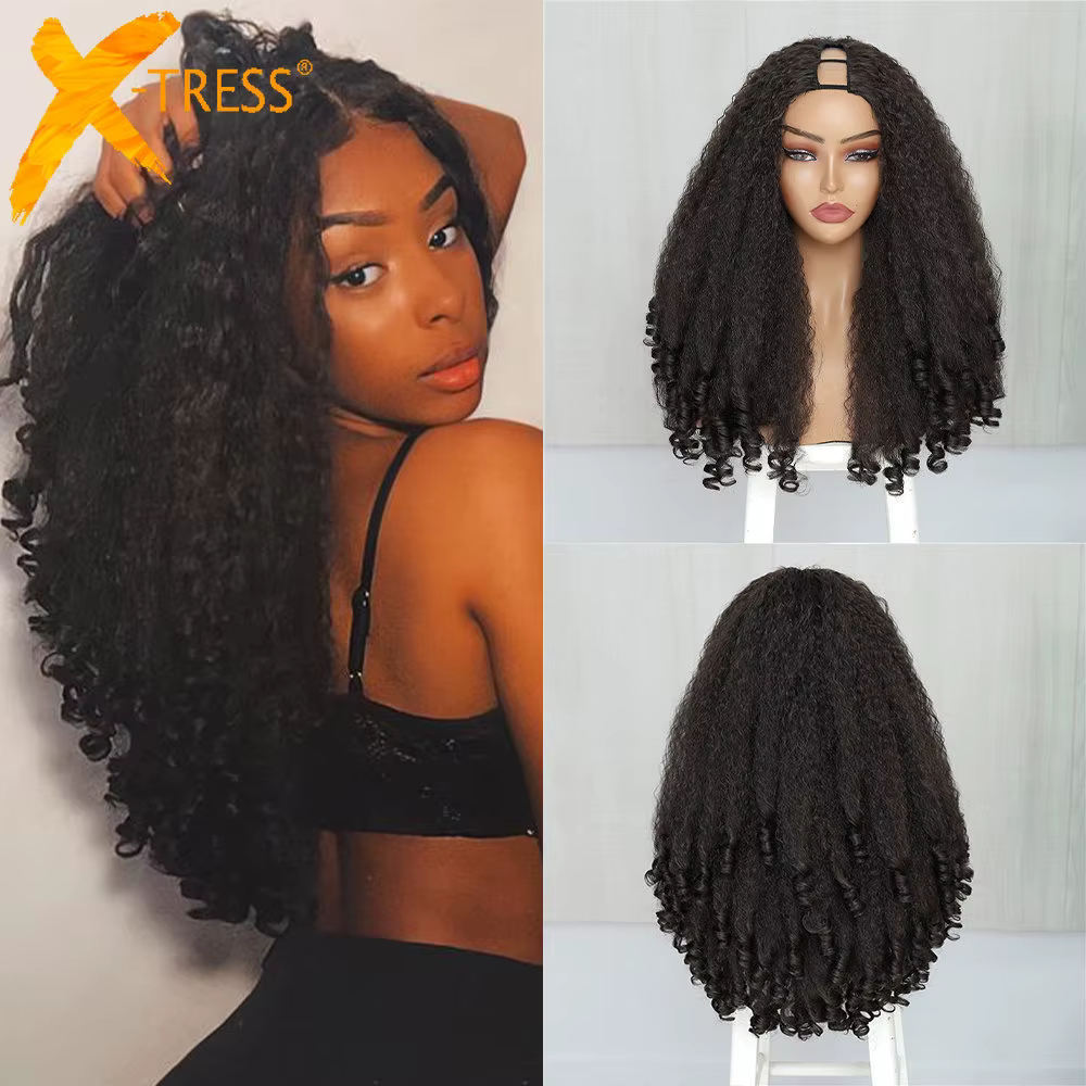 X-TRESS Afro bouclés V partie perruque avec boucles rebondissantes synthétique crépus droites sans c