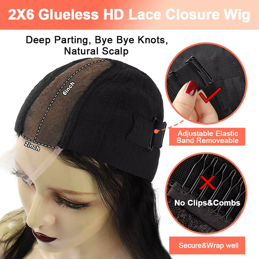 BEEOS-Perruque Lace Closure Wig sans colle naturelle, cheveux lisses pré-implantés, noir de jais, 2x