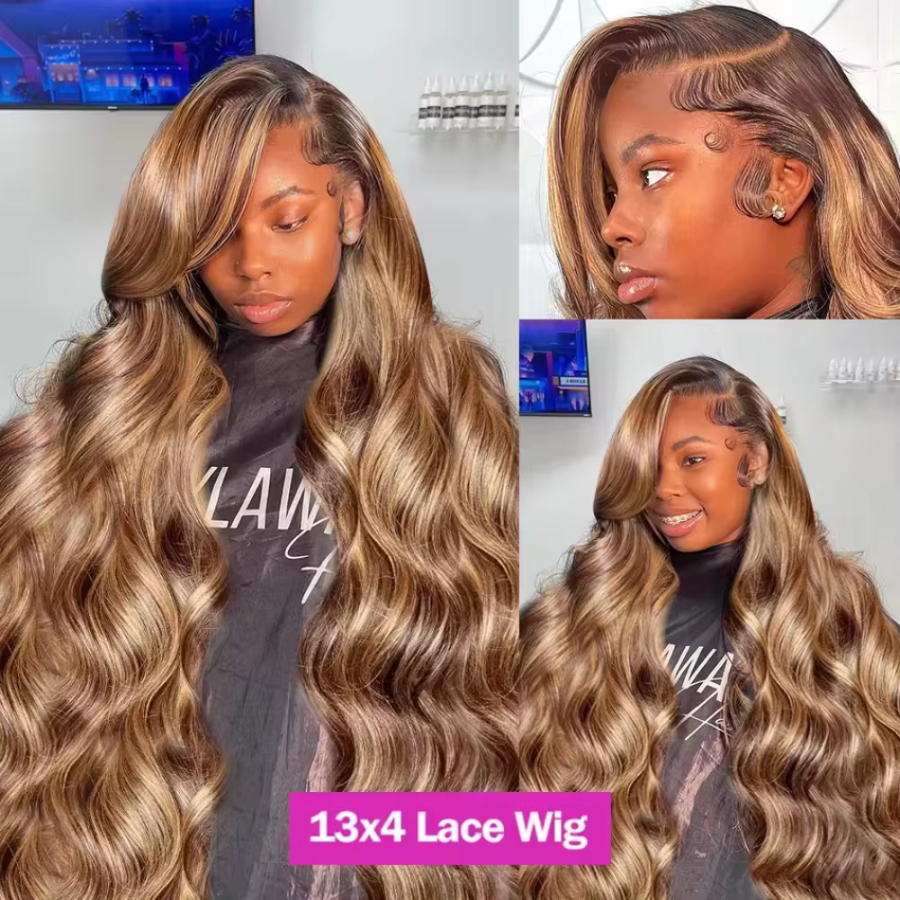 Perruque Body Wave Ombrée 30-36 Pouces, Couleur 4/27, Cheveux Humains HD, Perruques Lace Front 13x4 