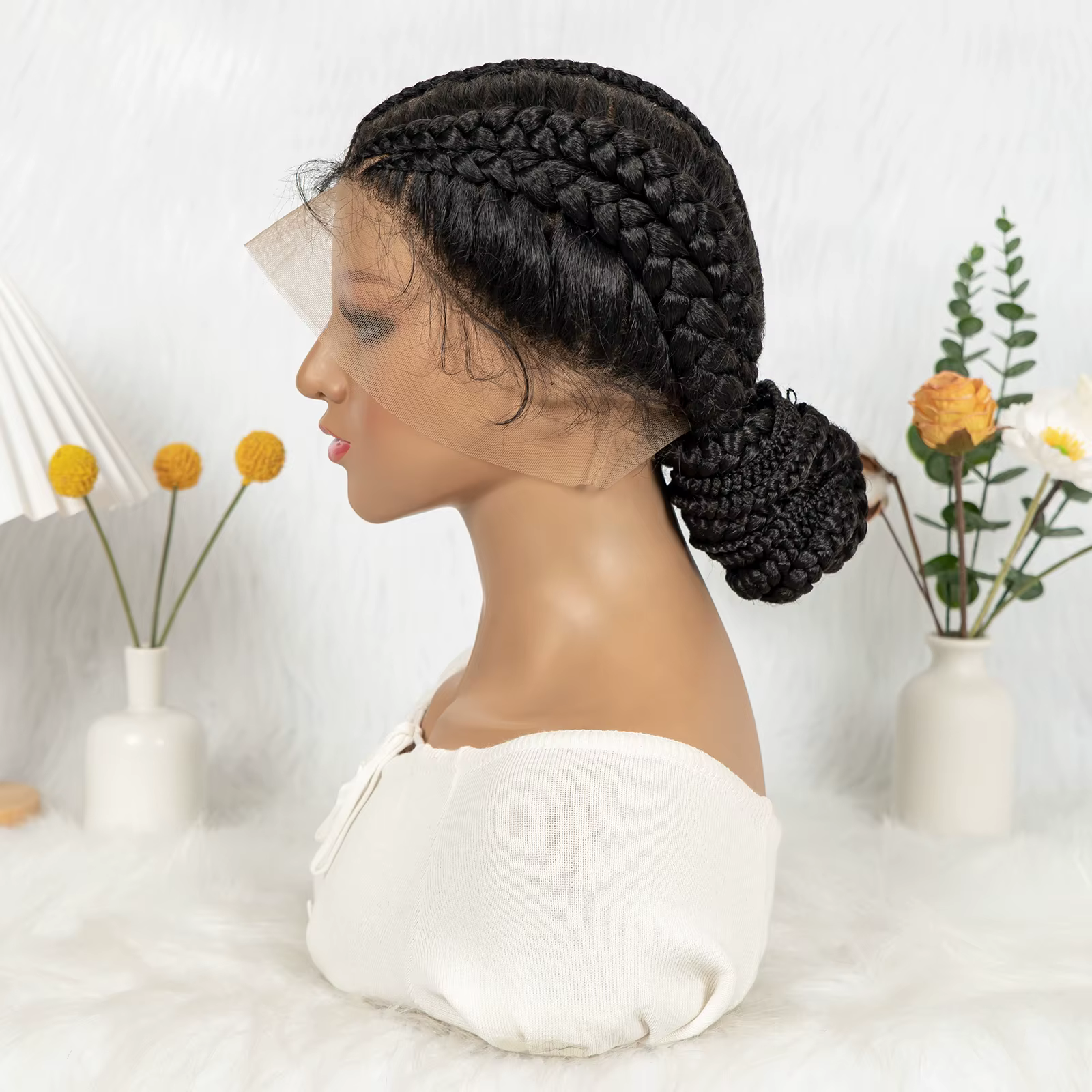 Perruque tressée Lace Front Cornrow, tresses synthétiques Box Braids, perruque chignon haut avec bab