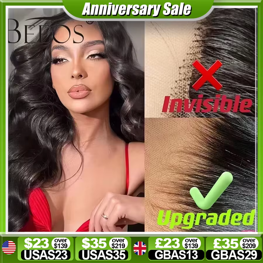 BEEOS-Perruque Lace Closure Wig sans colle, cheveux humains, 2.0 petits nœuds, 13x6, 34 pouces, 250%