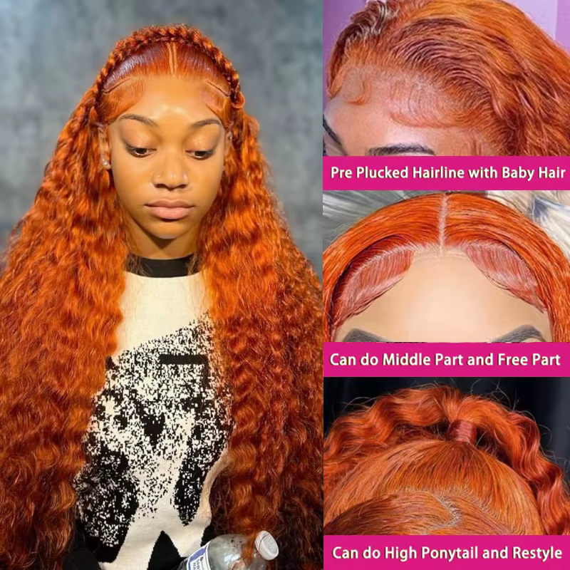 Perruque Lace Front Wig 350 naturelle brésilienne, cheveux humains, Deep Curly, couleur orange, 13x4