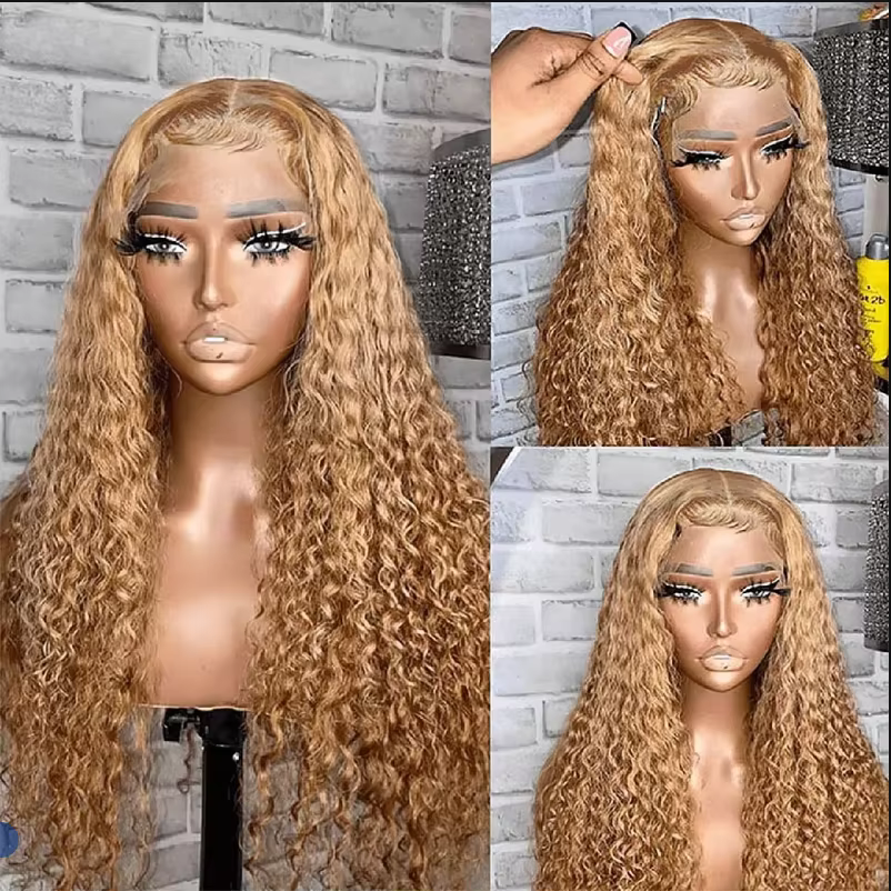 Perruques bouclées avant de dentelle blond miel cheveux humains vague profonde 13x6 HD perruques fro