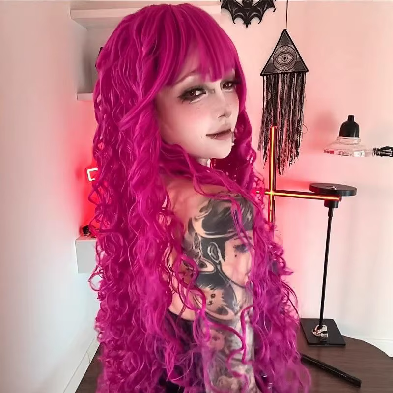 Perruque rose violette pour femmes, 26 pouces, style Y2K, gothique, lolita, japonais, cheveux bouclé