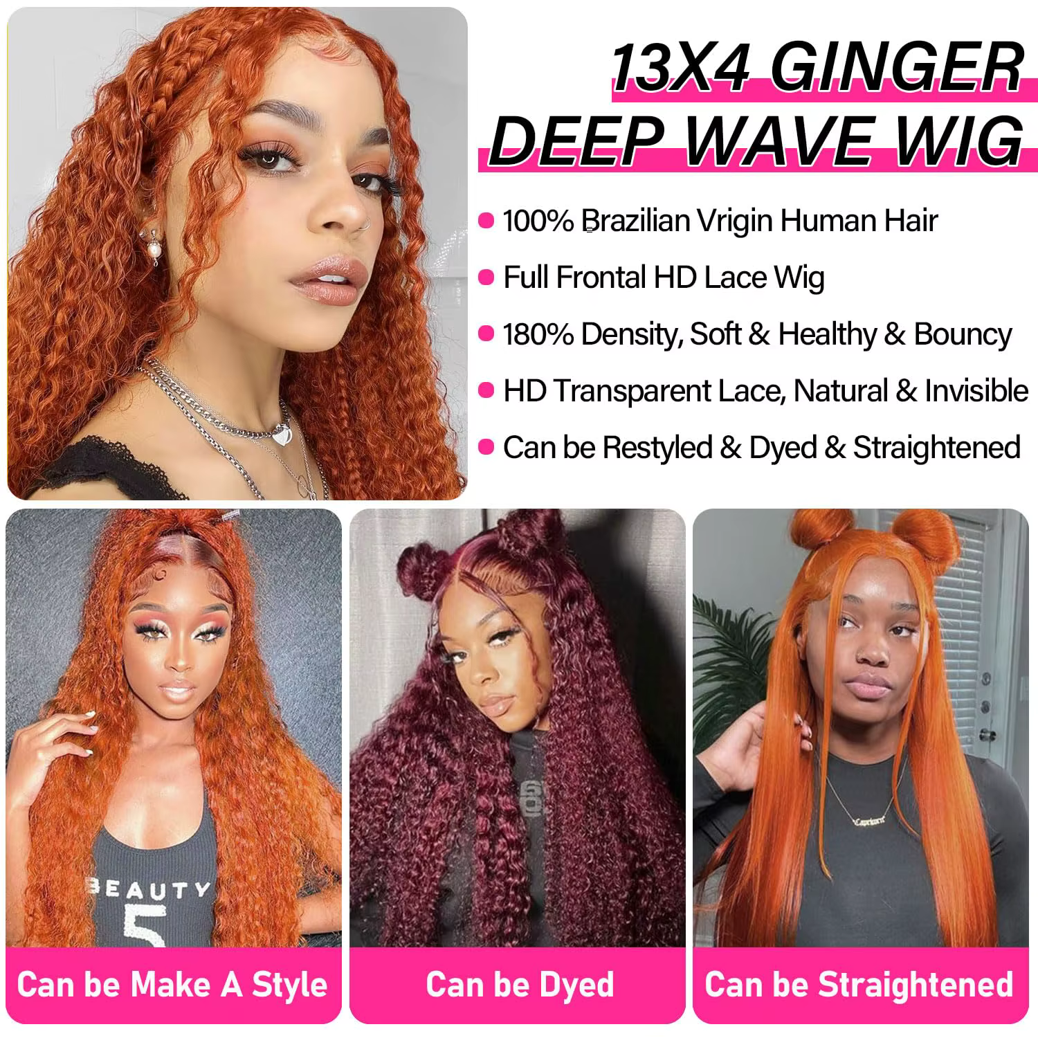 Perruque Lace Frontal Wig brésilienne naturelle, cheveux bouclés, Orange gingembre, 13x6, Deep Wave,