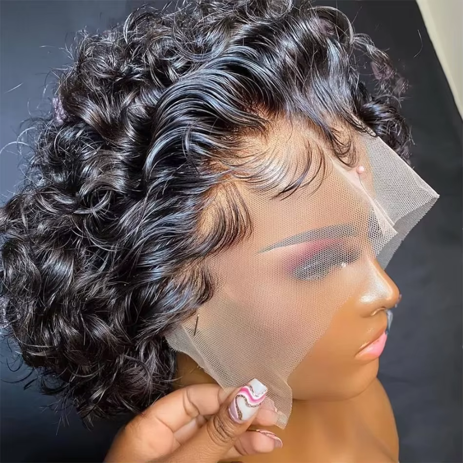 Perruque coupe lutin Transparent dentelle avant perruque de cheveux humains court crépus bouclés Bob