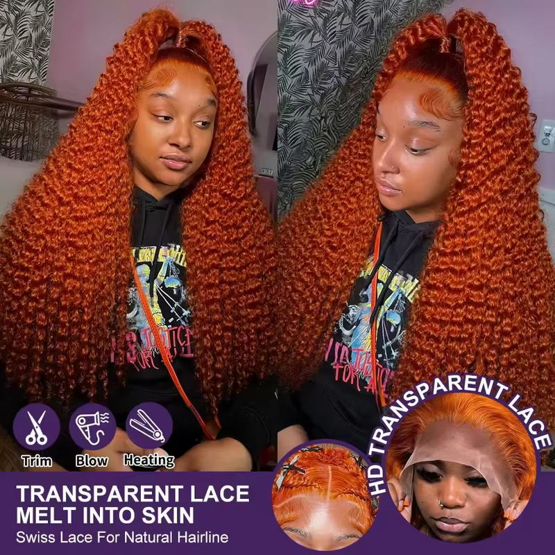 Perruque Lace Frontal Wig brésilienne naturelle, cheveux bouclés, Orange gingembre, 13x6, Deep Wave,