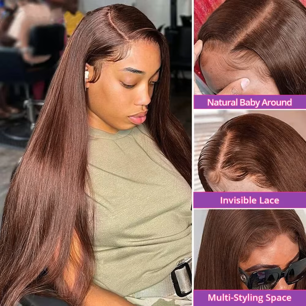 13x4 4 # Perruques Lace Front Marron Chocolat en Cheveux Humains pour Femmes, Perruque Frontale HD