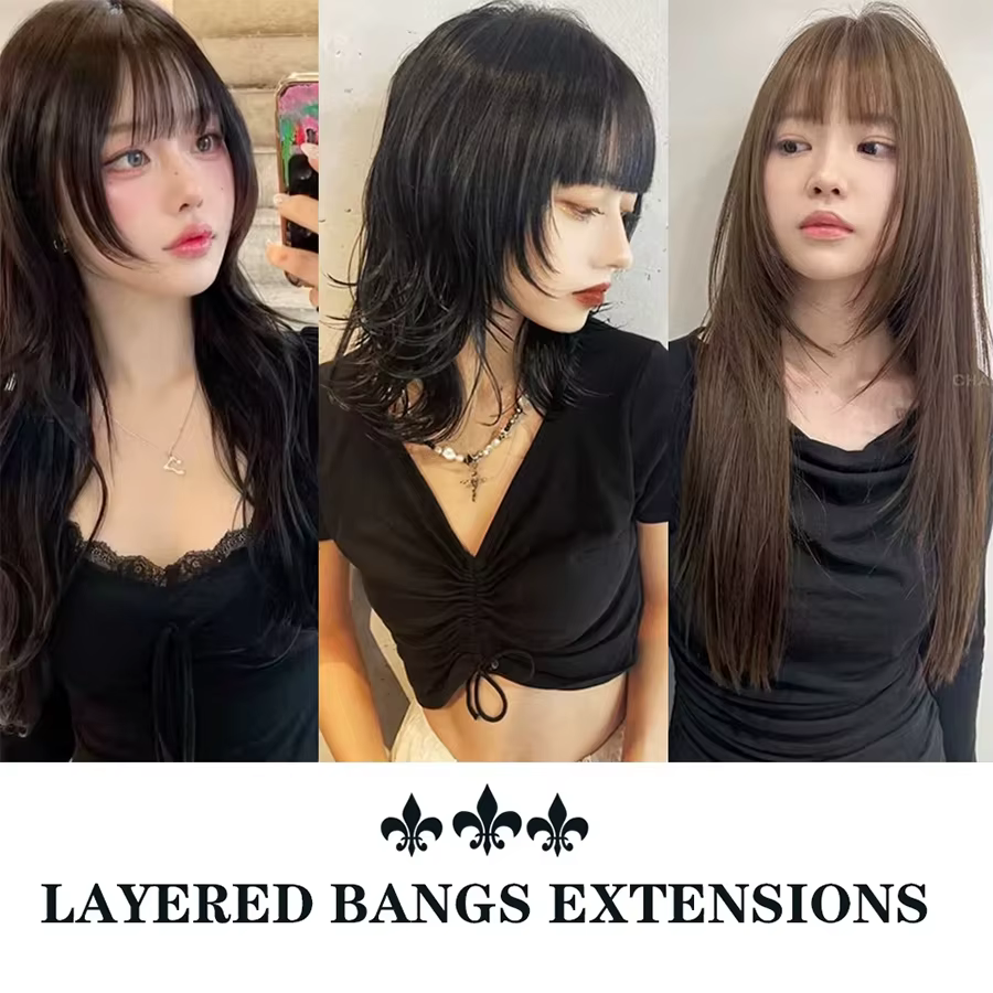 Extensions de cheveux synthétiques droites pour femmes avec frange superposée frange latérale postic