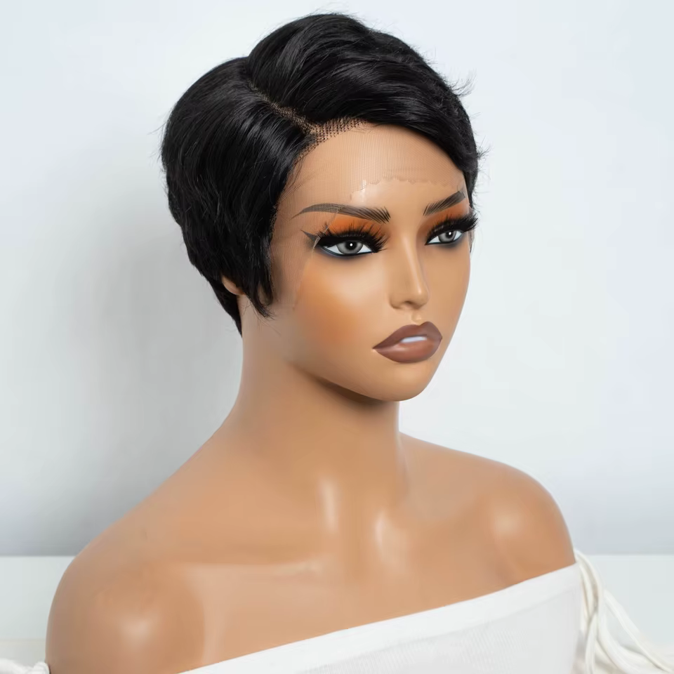 Lekker noir court coupe lutin 13X1 C partie dentelle avant 100% perruque de cheveux humains pour les