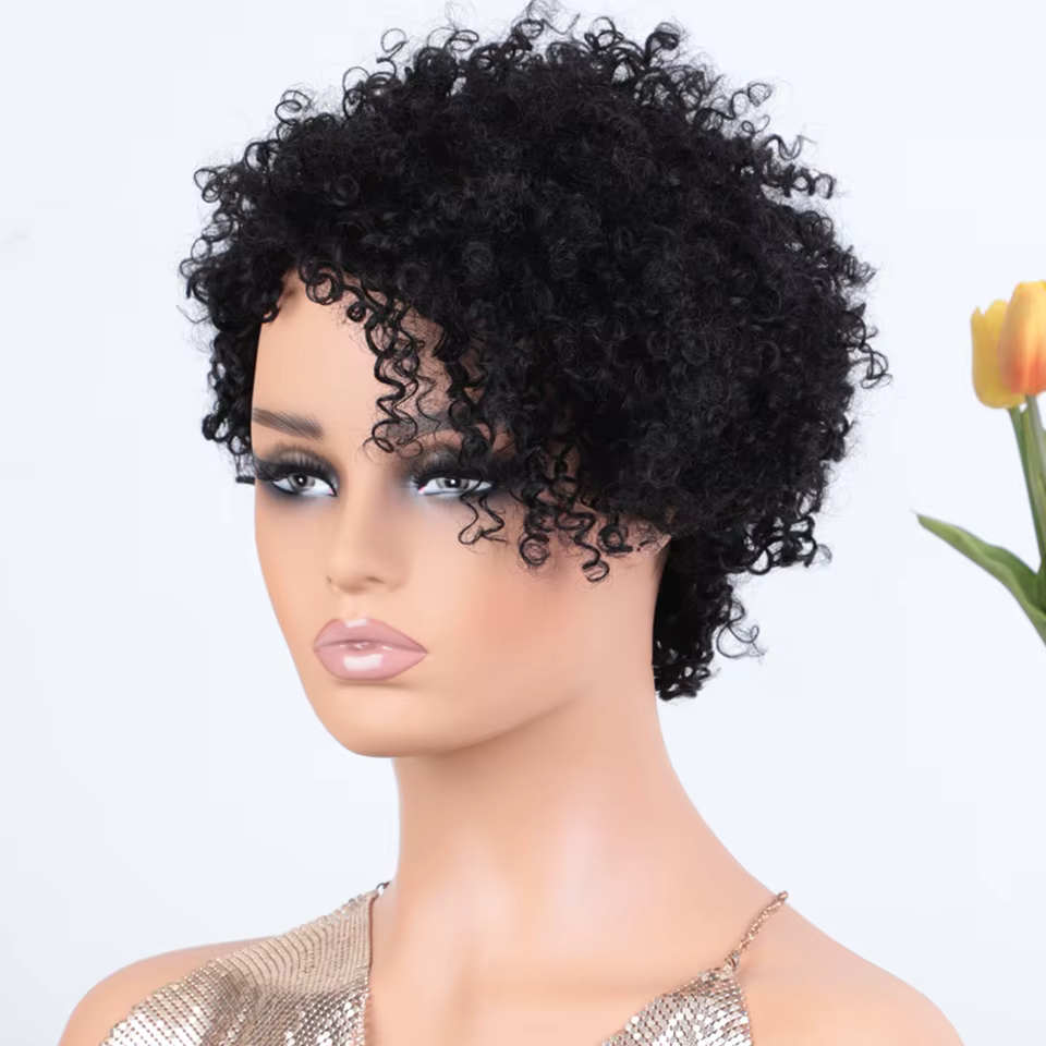 Perruques de cheveux humains bouclés péruviens avec frange courte coupe lutin Bob perruque brun roug