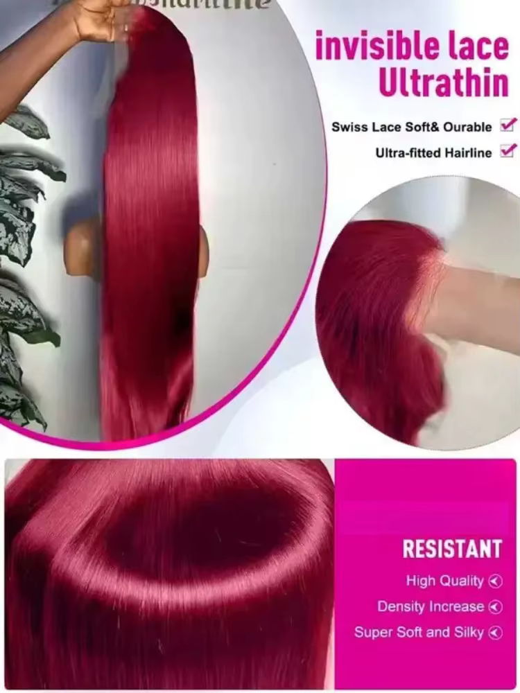 13x4 bordeaux droite dentelle avant perruques cheveux humains os droit Hd dentelle frontale perruque