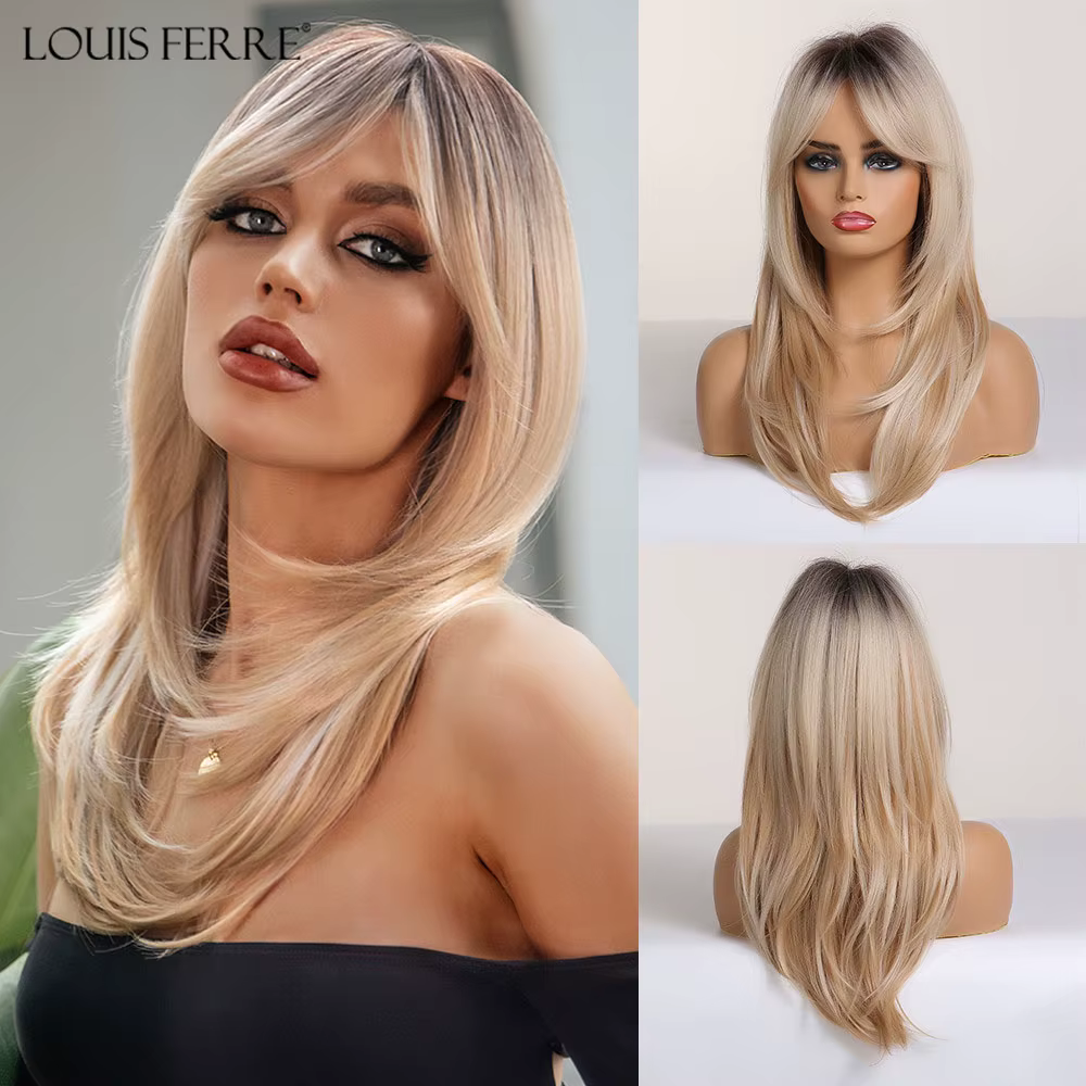 Modiis Ferre-Perruques synthétiques longues ondulées avec frange pour femmes noires, Ombre, Noir, Ma