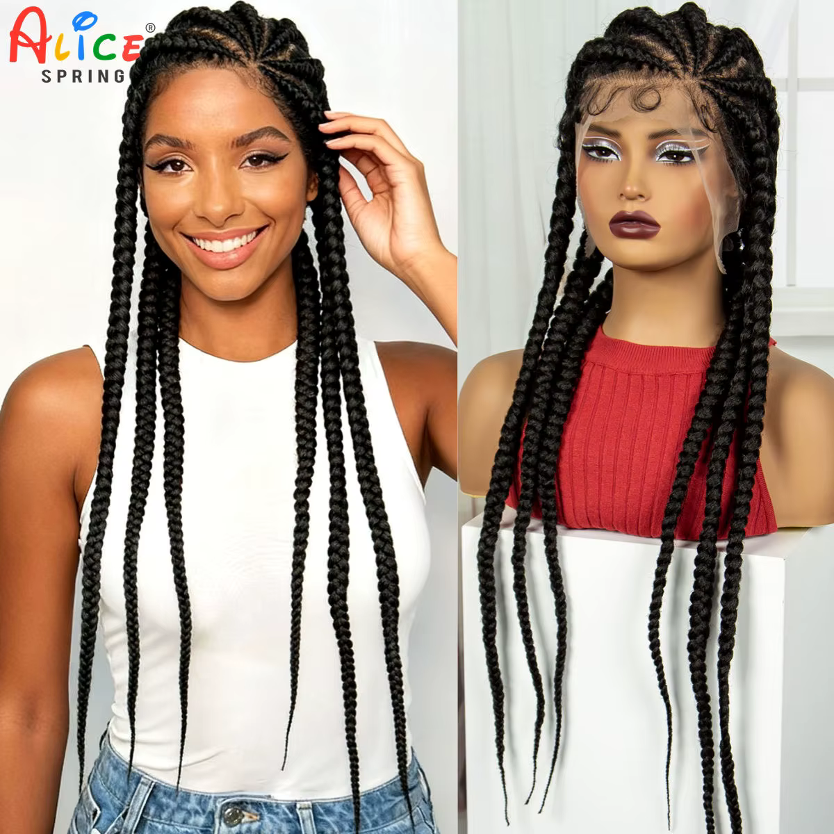 Perruques tressées synthétiques Cornrow avec cheveux de bébé, perruque tressée sans nœuds en dentell