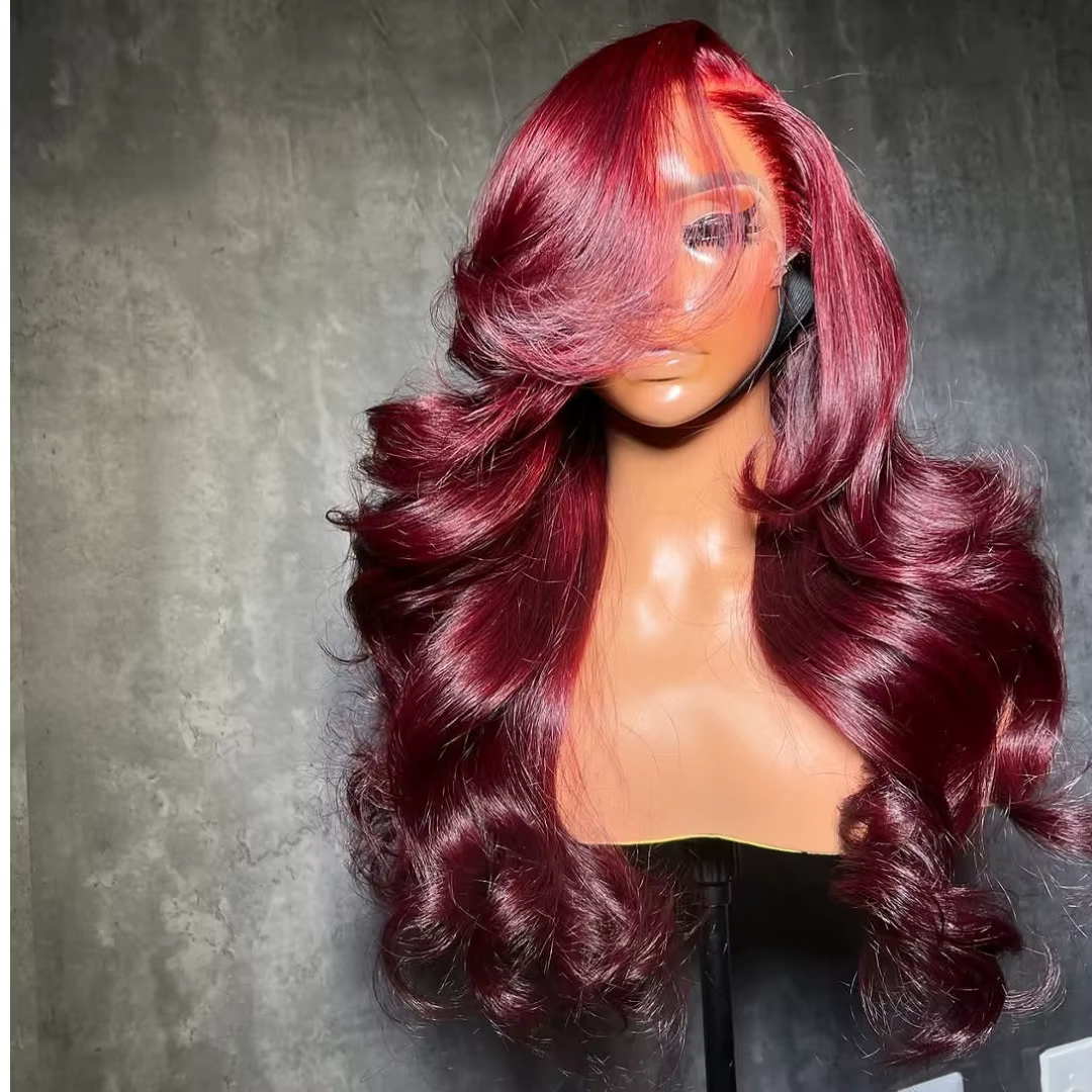 Perruque Lace Frontal Wig synthétique sans colle bordeaux 13x6 HD, perruque Lace Frontal Wig pre-plu
