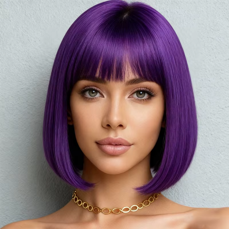 Perruque violette de 12 pouces avec frange, en matériau synthétique en fibre haute température, adap
