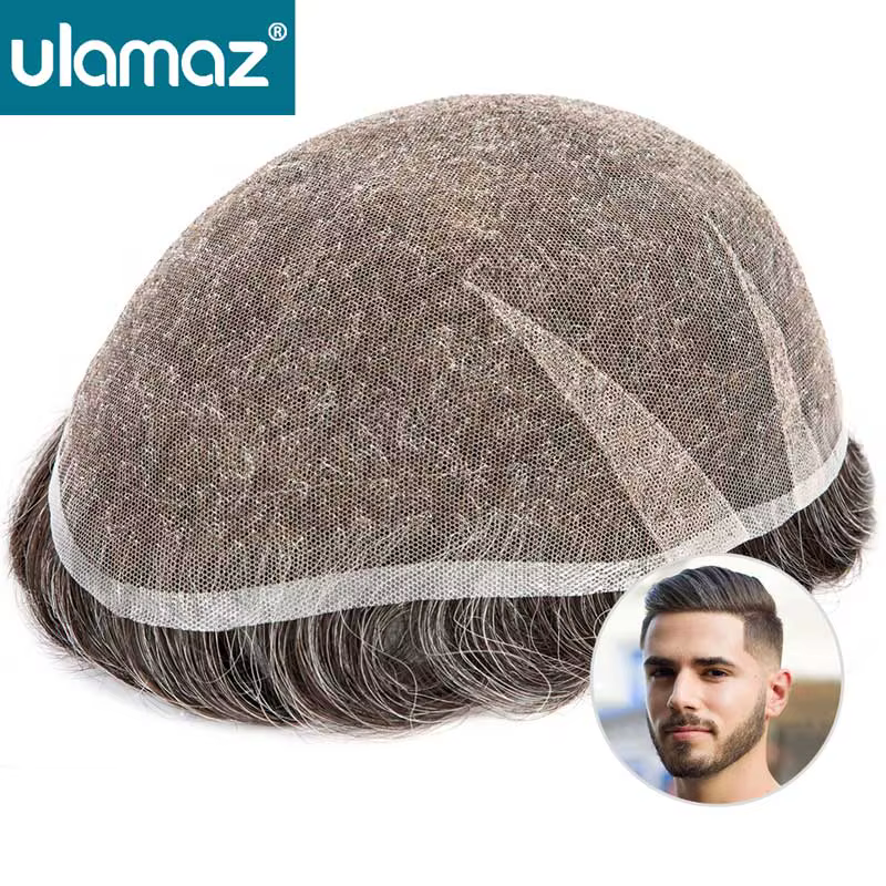 Premier suisse dentelle toupet Ultra délicat AIR-Lace mâle prothèse de cheveux 80% densité homme per