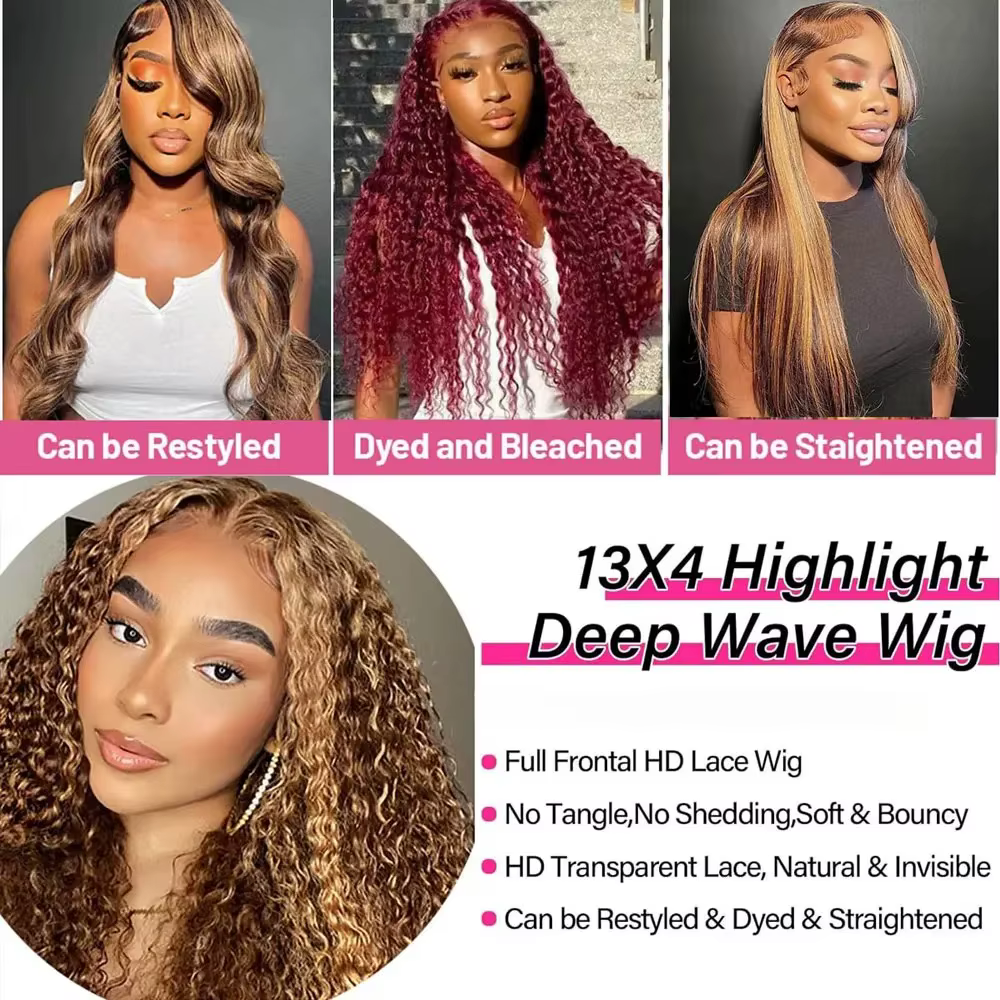 Perruque Lace Frontal Wig naturelle bouclée à reflets, cheveux humains, 13x4, sans colle, HD, Deep W