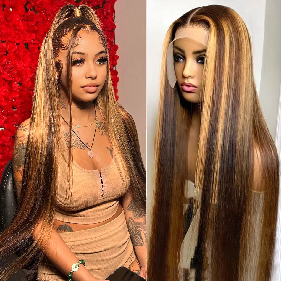 Perruque Lace Front Wig brésilienne naturelle, cheveux lisses, blond miel, 13x6, à reflets, pour fem