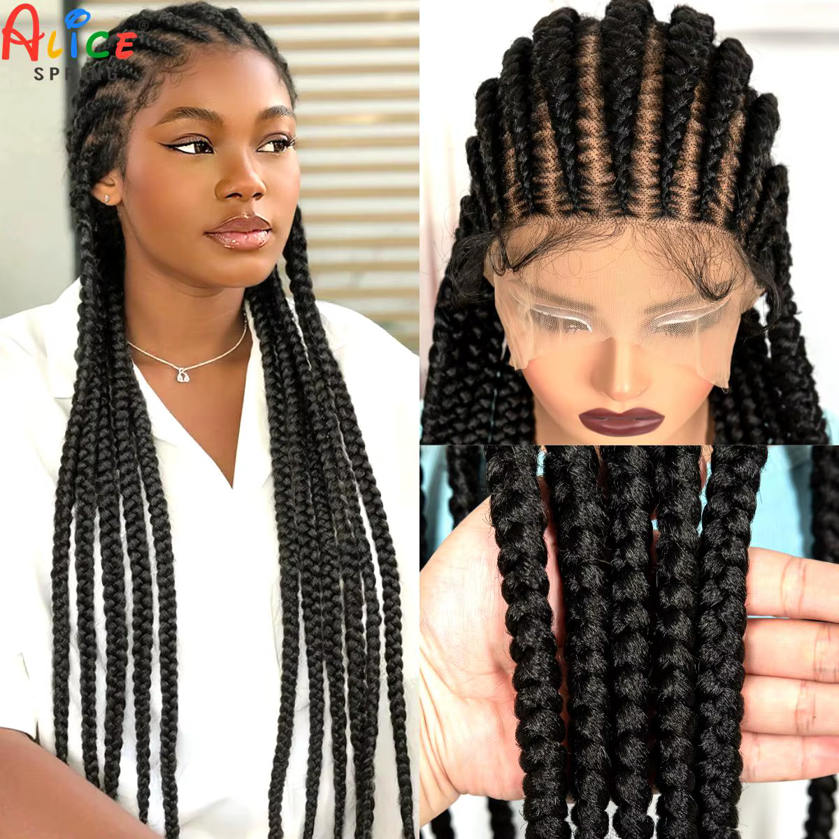 Perruques tressées Full Lace Cornrow 32 pouces, perruques synthétiques tressées sans nœuds, tresses 