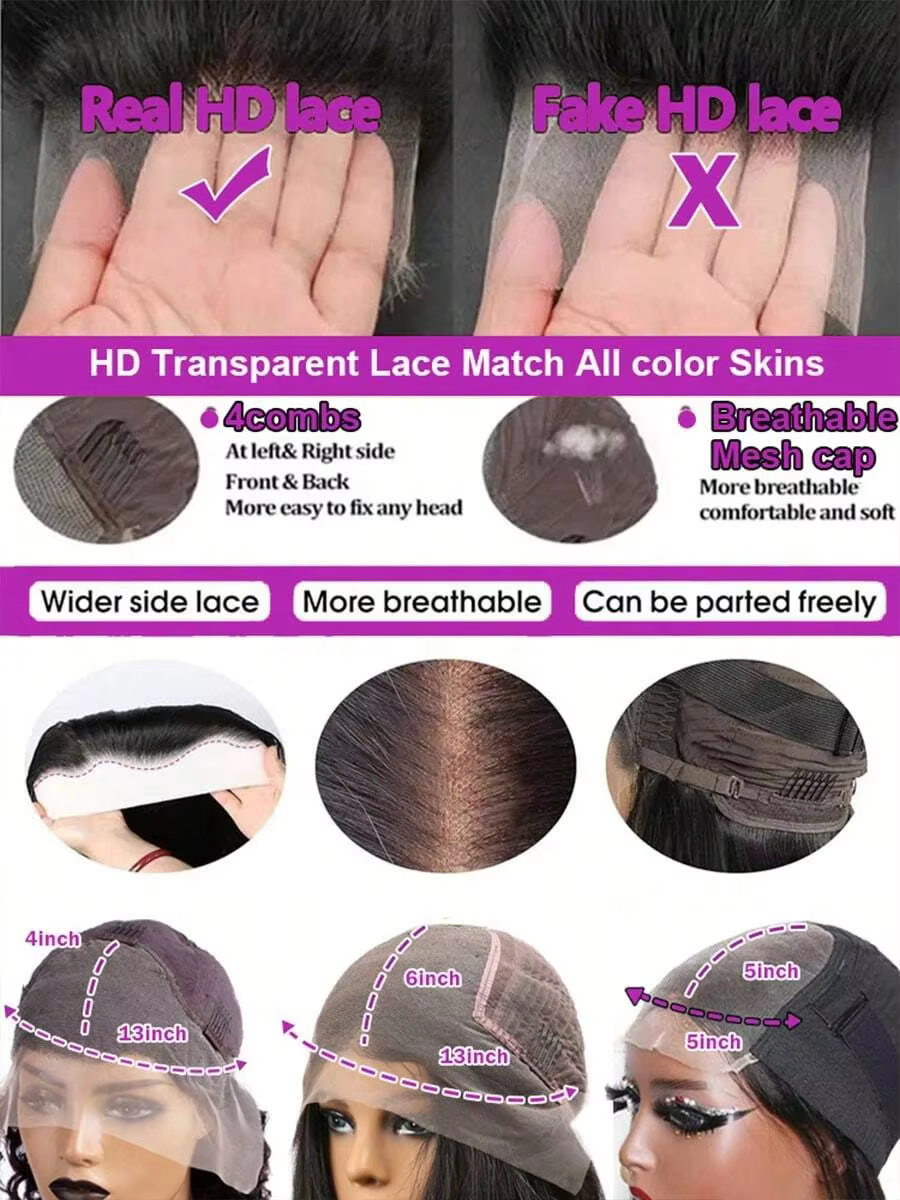 Perruque Lace Front Lisse 13x6, Perruque Frontale en Cheveux Humains 13x4 Densité 180, Perruque HD T