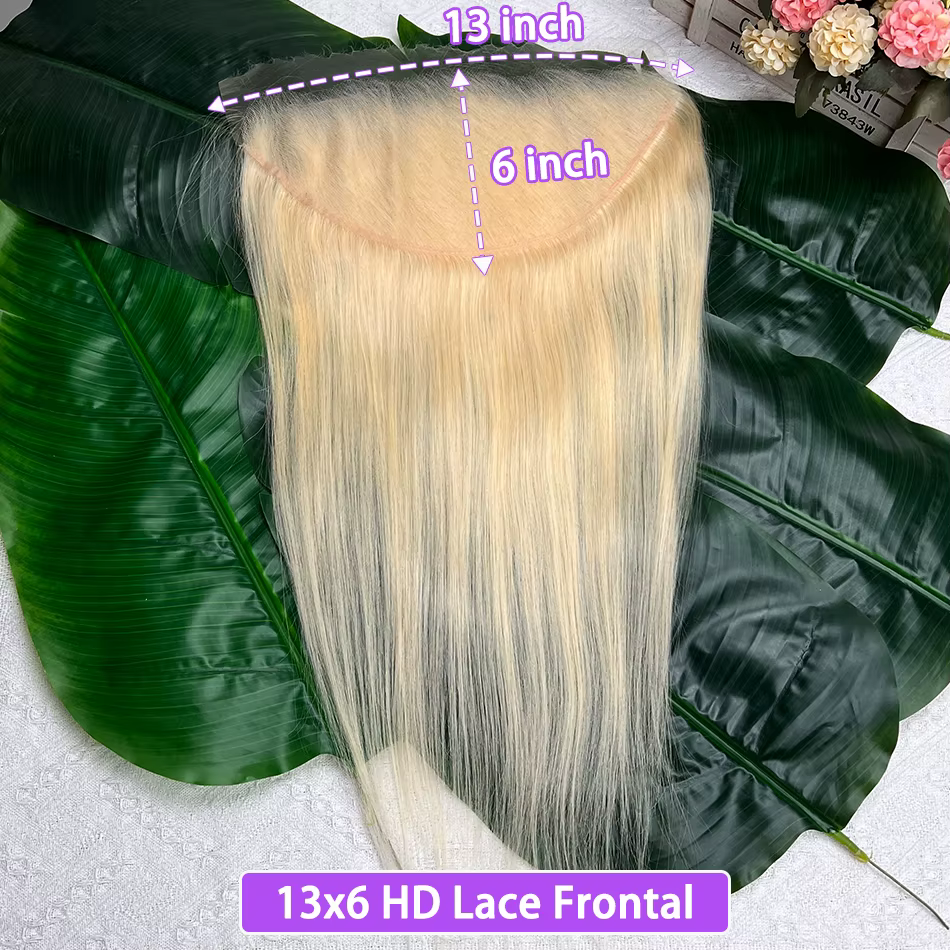 Frontale en dentelle invisible HD 13x6 # 613 cheveux humains droits colorés blonds pré-épilés nœuds 