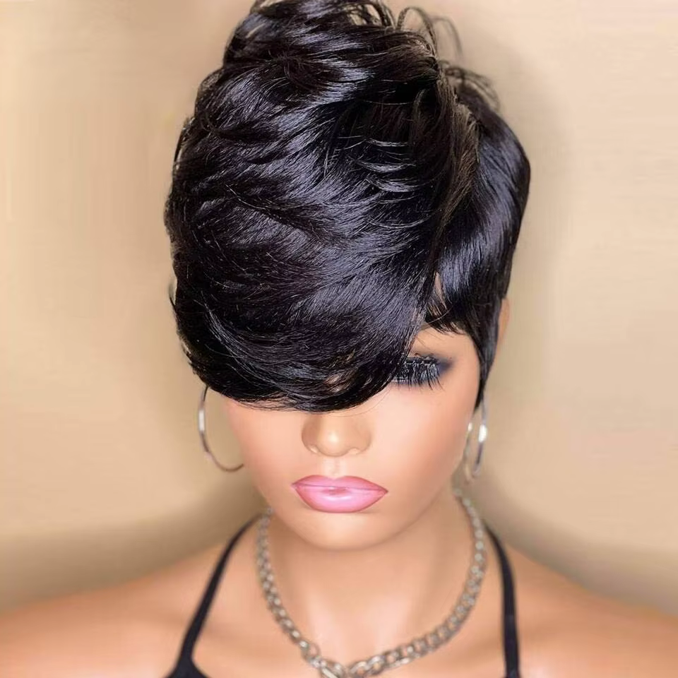 Perruque coupe lutin pour femmes perruques courtes de cheveux humains avec frange brésilienne vraie