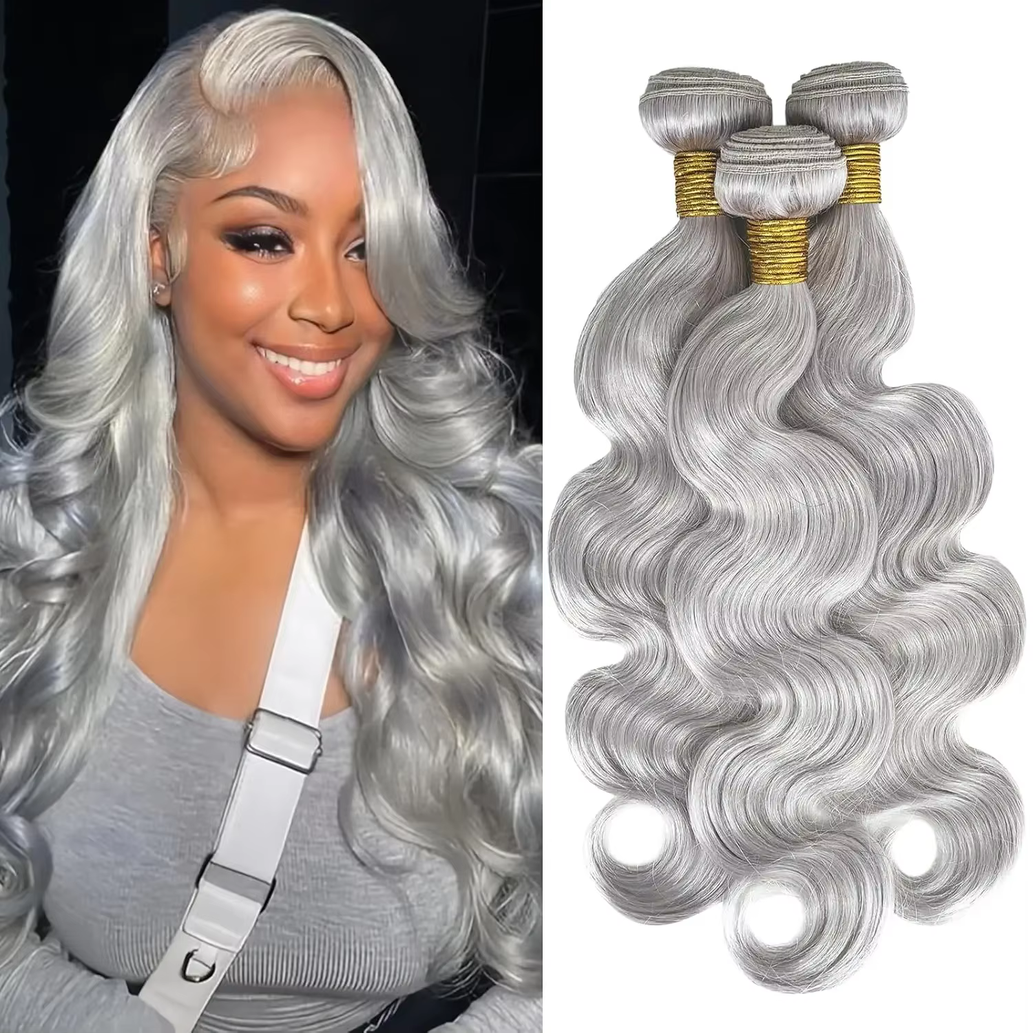 Tissage en lot 100% naturel Body Wave gris argenté, Extensions de cheveux humains vierges, Double tr