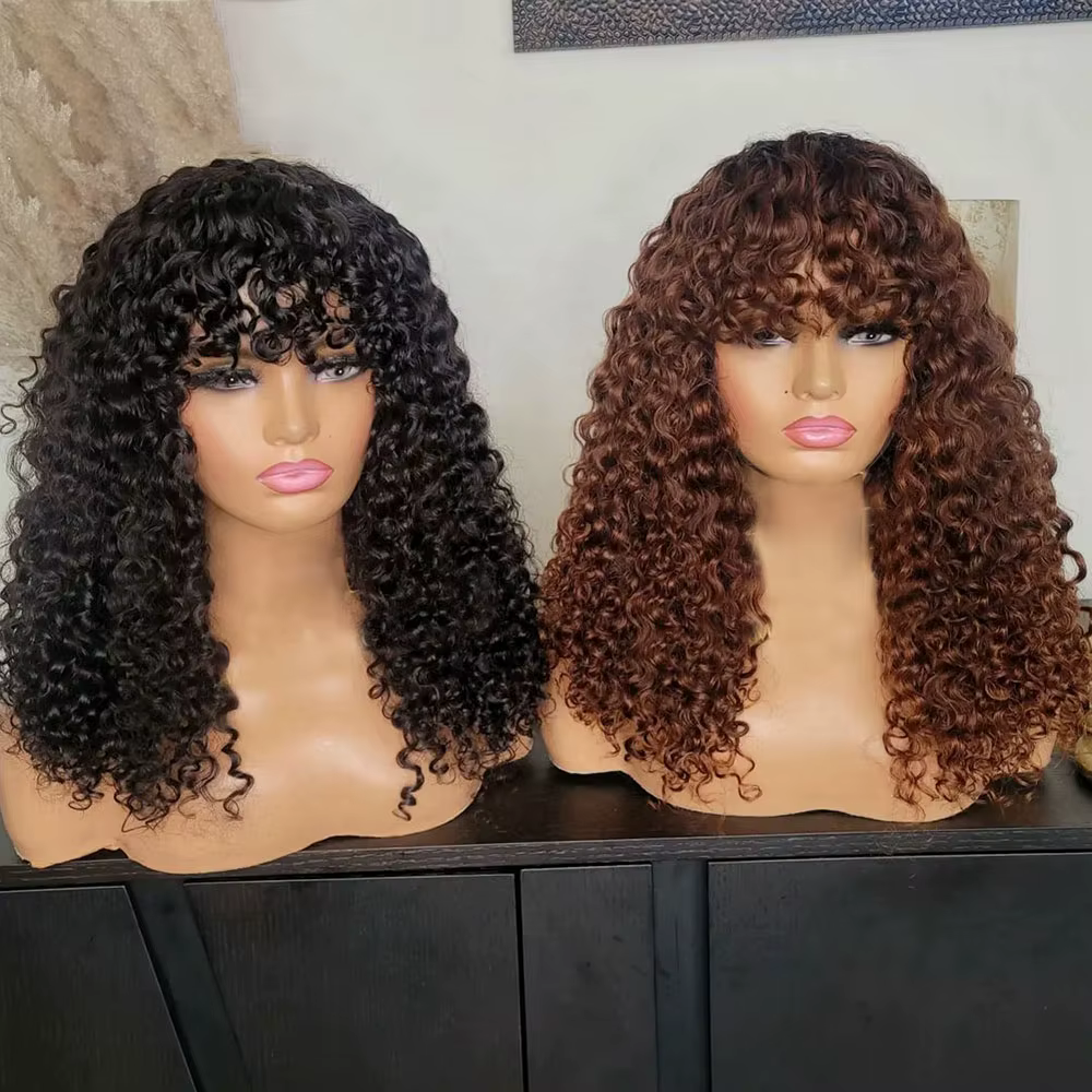 Perruque blonde miel bouclée crépue avec frange pour femme, perruque machine sans colle, cosplay hau