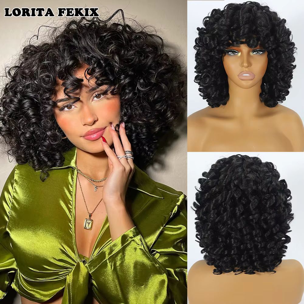 Perruque courte bouclée rouge ample pour femmes noires, perruque Afro bouclée avec frange en Fiber s