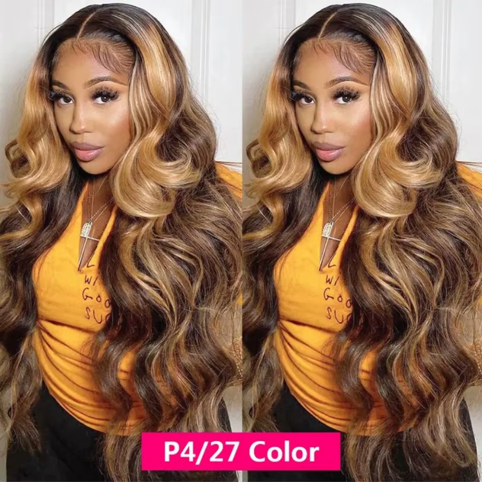 Perruques Ombrées Highlight Body Wave en Cheveux Humains, Perruque Frontale HD Lace 13x4 13x6, Densi