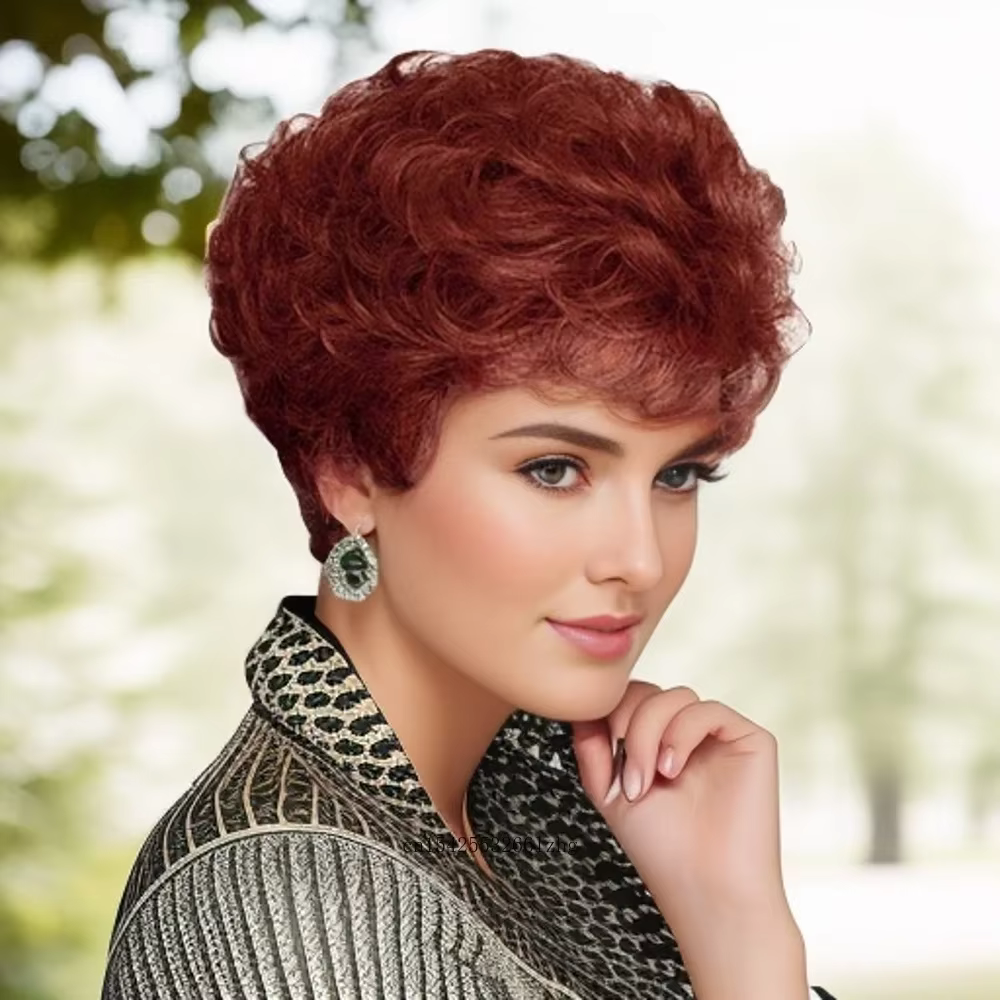 Perruques de cheveux rouges bouclés courts en fibres synthétiques perruque naturelle avec Bang femme