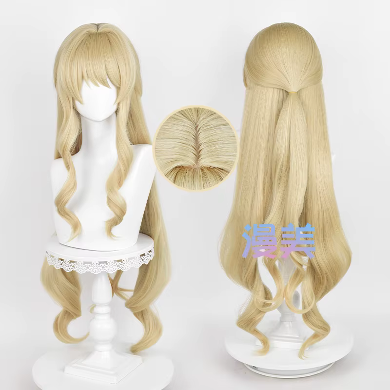 Fontaine Navia Cosplay perruque 95 cm lin or vague cheveux résistant à la chaleur synthétique cuir c