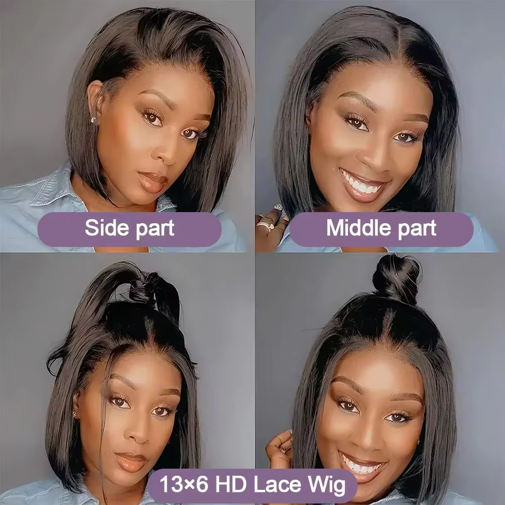 Perruque Lace Front 13x4 Brésilienne Courte Bob Lisse Noir Naturel 8-14 Pouces Sans Colle Douce Épai